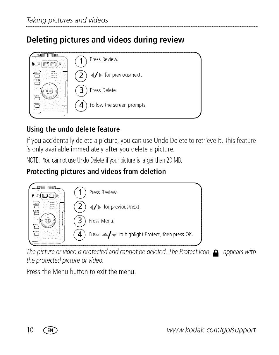 Deleting pictures and videos during review, Taking pictures and videos | Kodak EASYSHARE C 503 User Manual | Page 15 / 67