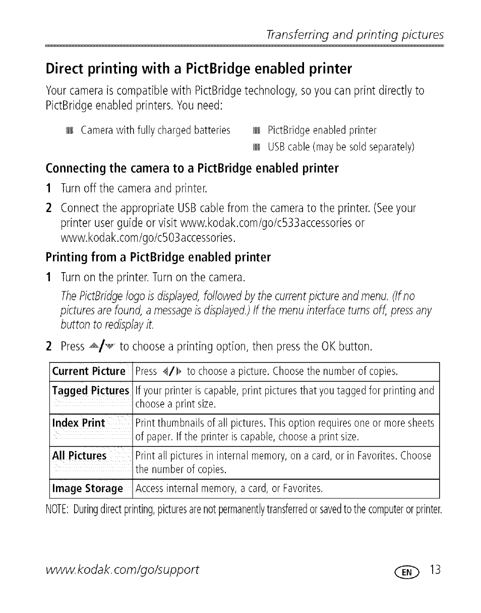 Direct printing with a pictbridge enabled printer, Transferring and printing pictures | Kodak EASYSHARE C 503 User Manual | Page 18 / 67