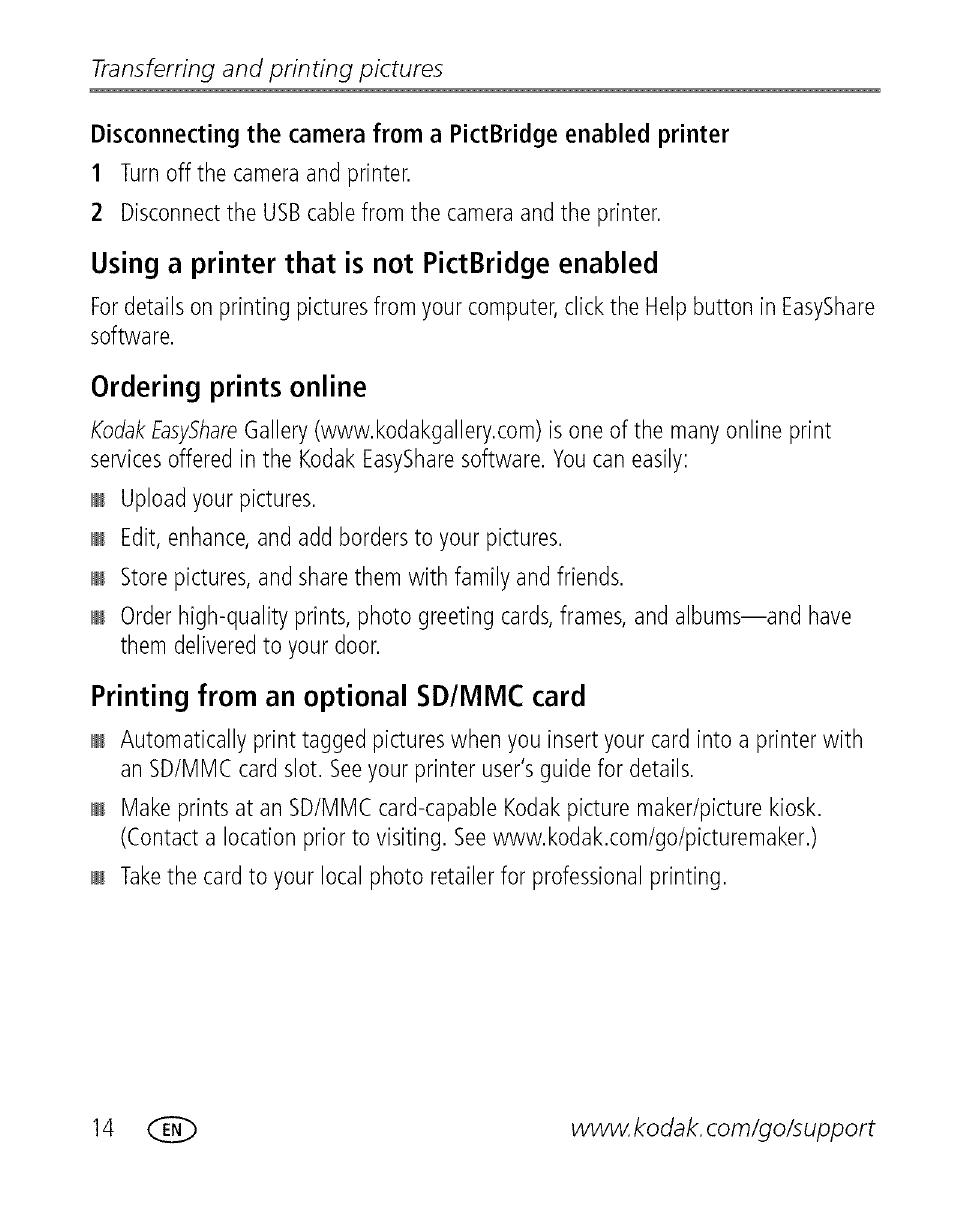 Using a printer that is not pictbridge enabled, Ordering prints online, Printing from an optional sd/mmc card | Transferring and printing pictures | Kodak EASYSHARE C 503 User Manual | Page 19 / 67