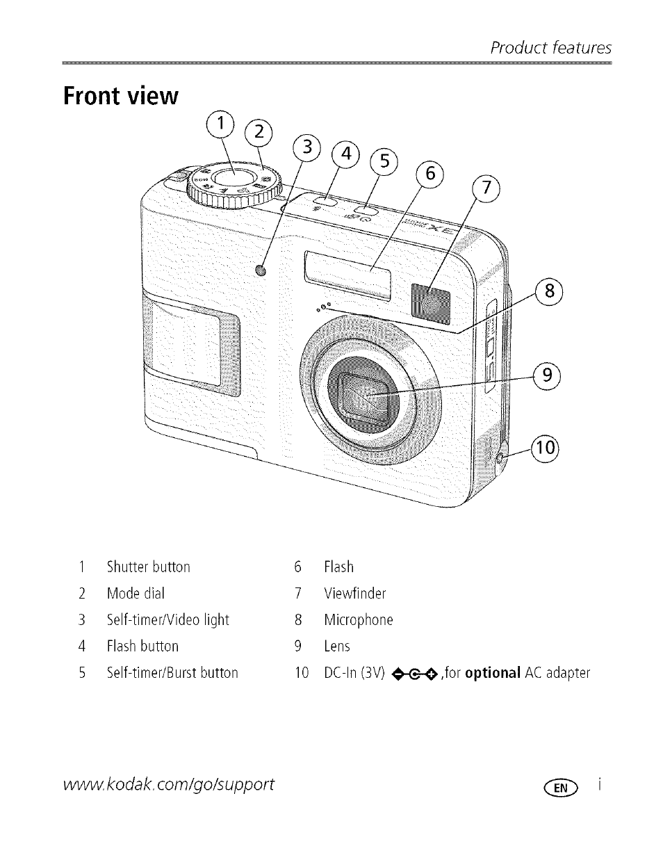 Front view, Product features | Kodak EASYSHARE C 503 User Manual | Page 2 / 67