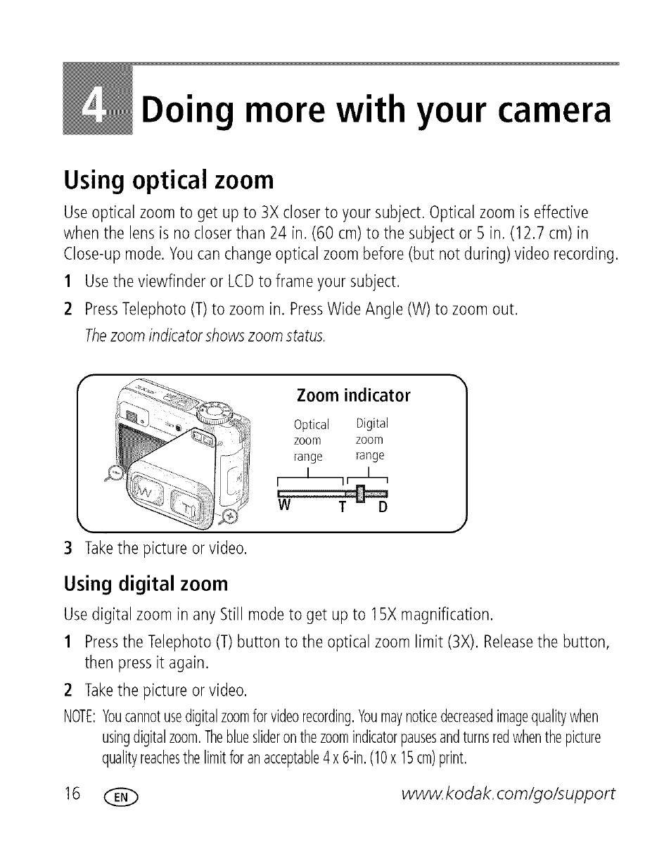 Doing more with your camera, Using optical zoom, Using digital zoom | 4 doing more with your camera | Kodak EASYSHARE C 503 User Manual | Page 21 / 67