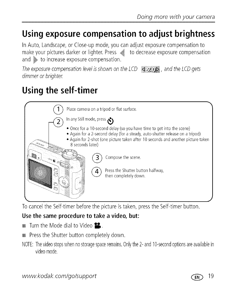Using exposure compensation to adjust brightness, Using the self-timer, Doing more with your camera | Kodak EASYSHARE C 503 User Manual | Page 24 / 67