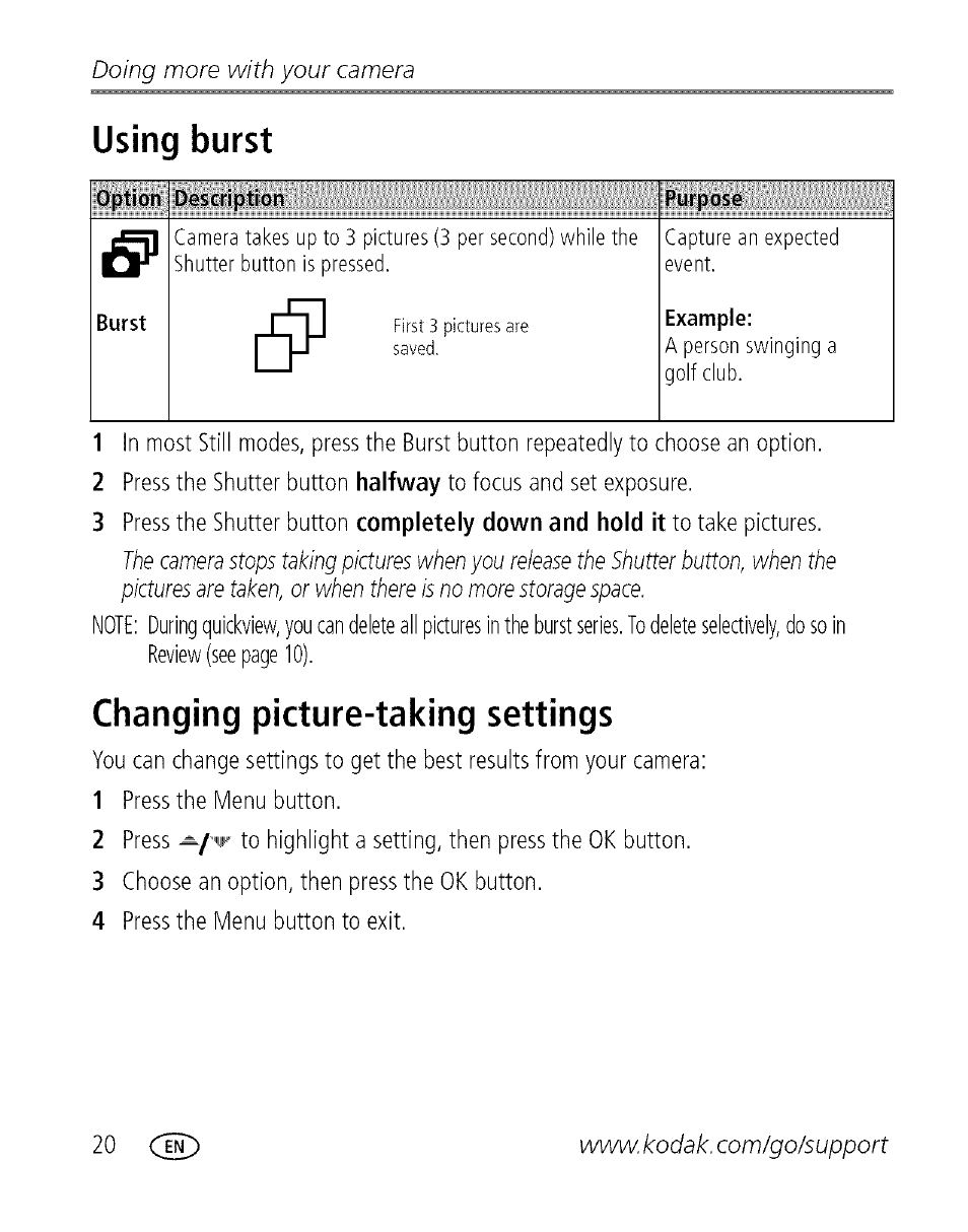 Using burst, Changing picture-taking settings, Doing more with your camera | Kodak EASYSHARE C 503 User Manual | Page 25 / 67