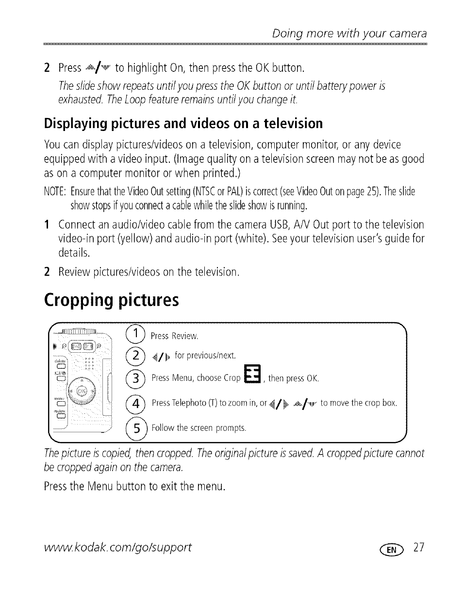 Displaying pictures and videos on a television, Cropping pictures, Doing more with your camera | Kodak EASYSHARE C 503 User Manual | Page 32 / 67