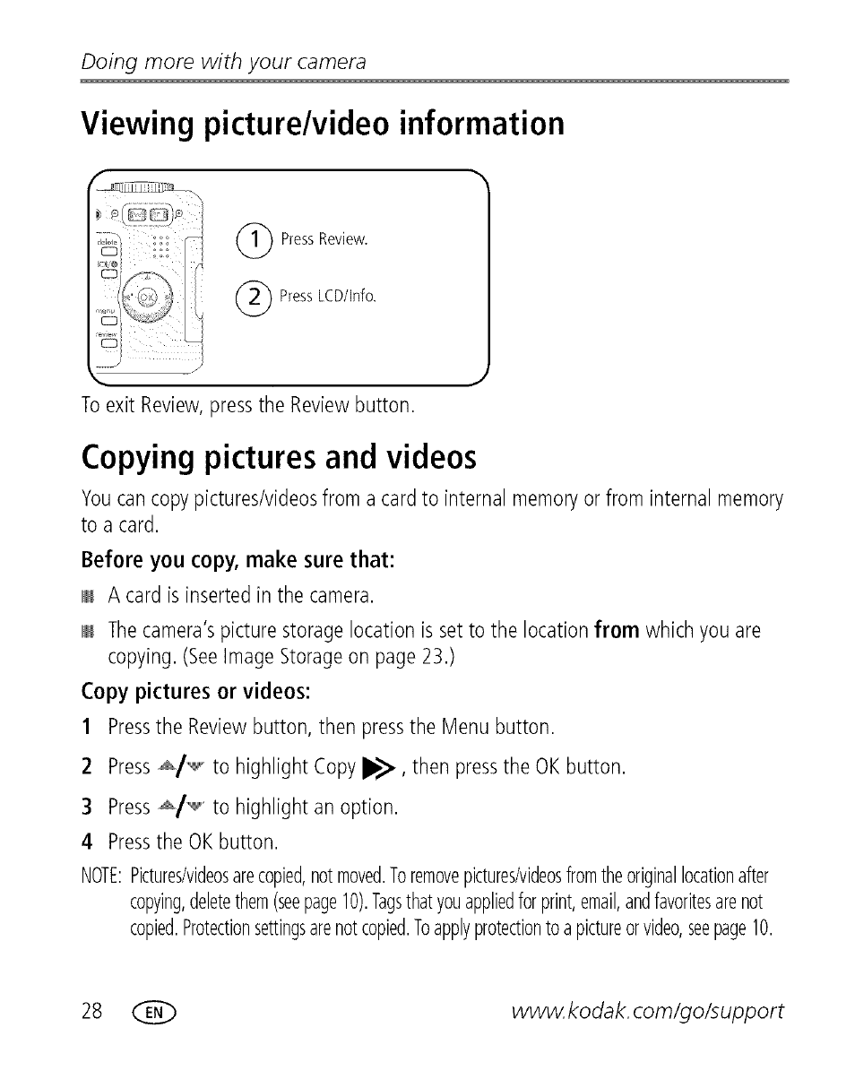 Viewing picture/video information, Copying pictures and videos, Doing more with your camera | Kodak EASYSHARE C 503 User Manual | Page 33 / 67