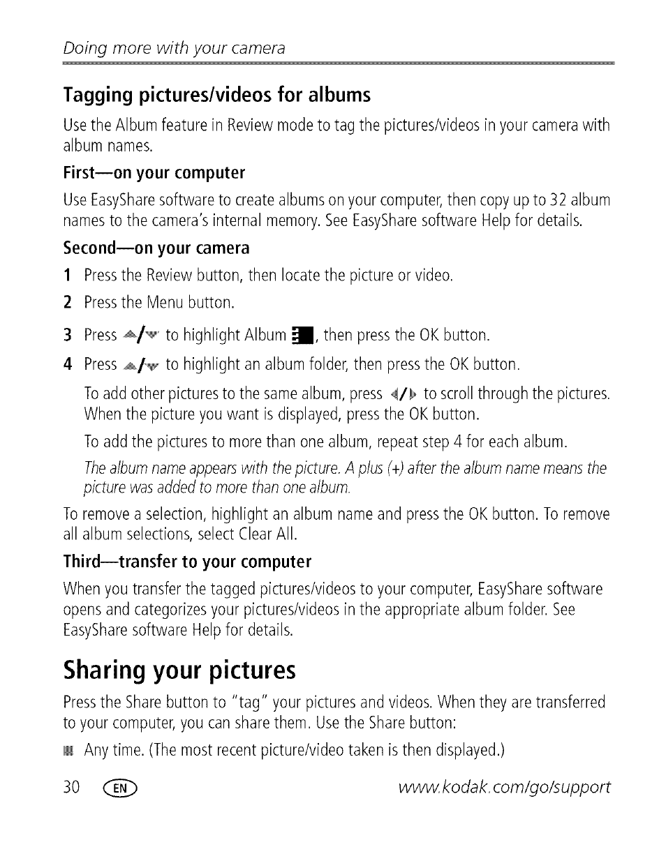 Tagging pictures/videos for albums, Sharing your pictures, 30 di) | Doing more with your camera | Kodak EASYSHARE C 503 User Manual | Page 35 / 67