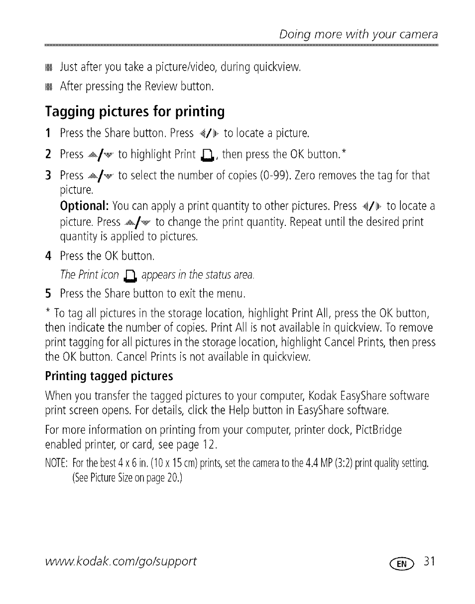 Tagging pictures for printing, Doing more with your camera | Kodak EASYSHARE C 503 User Manual | Page 36 / 67