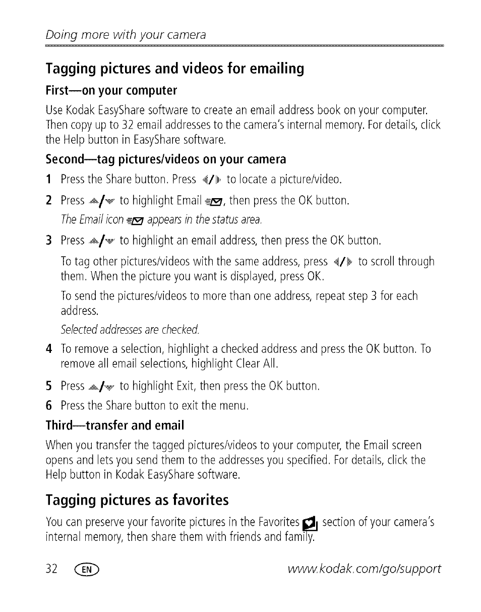 Tagging pictures and videos for emailing, Tagging pictures as favorites, Doing more with your camera | Kodak EASYSHARE C 503 User Manual | Page 37 / 67