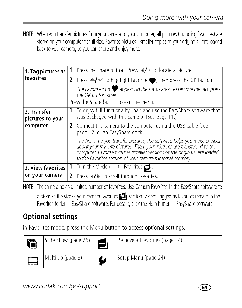 Optional settings, Doing more with your camera | Kodak EASYSHARE C 503 User Manual | Page 38 / 67