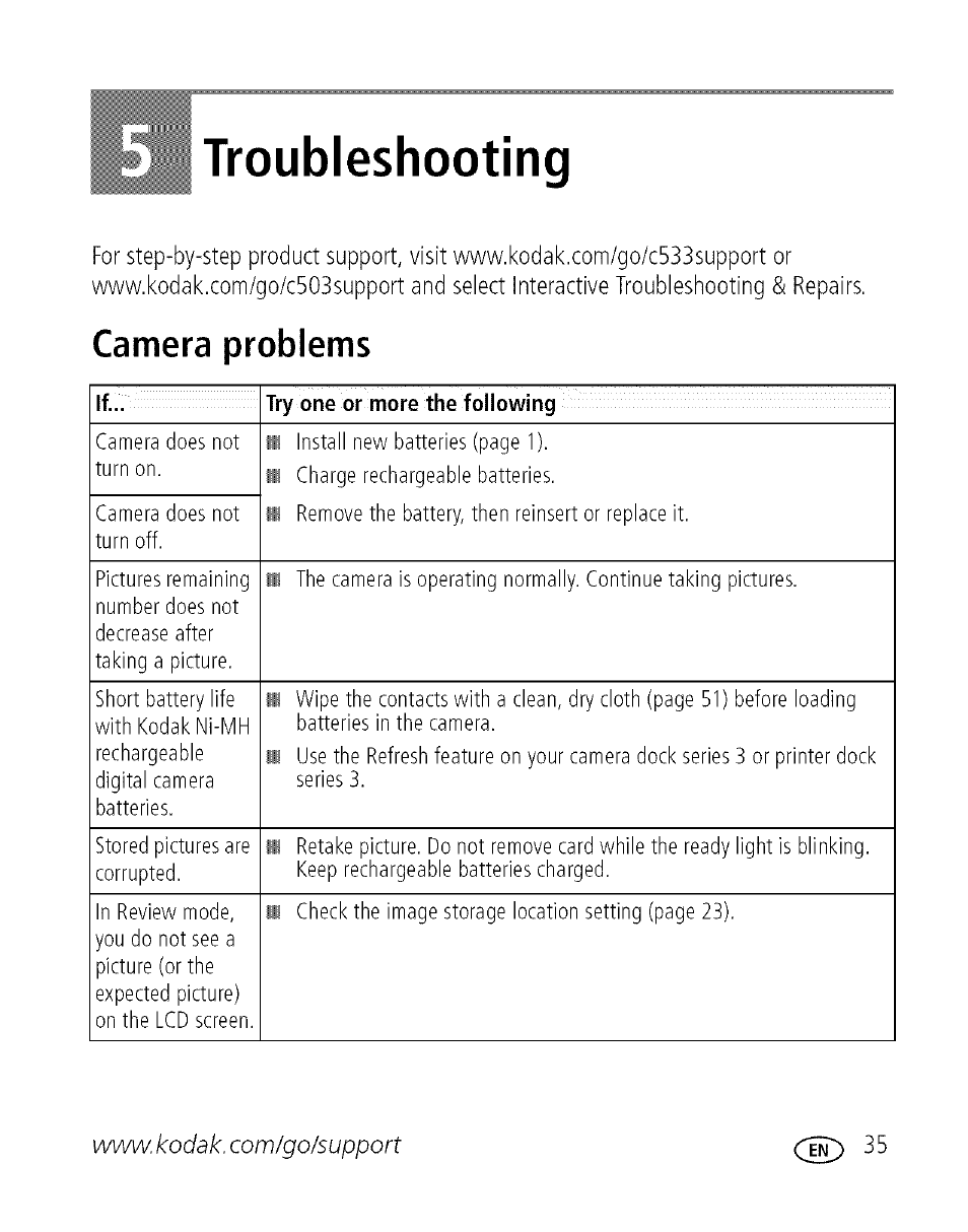 Troubleshooting, Camera problems, 5 troubleshooting | If... try one or more the following | Kodak EASYSHARE C 503 User Manual | Page 40 / 67