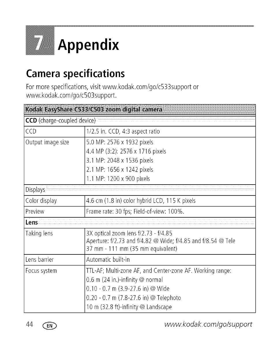 Appendix, Camera specifications, 7 appendix | Kodak EASYSHARE C 503 User Manual | Page 49 / 67