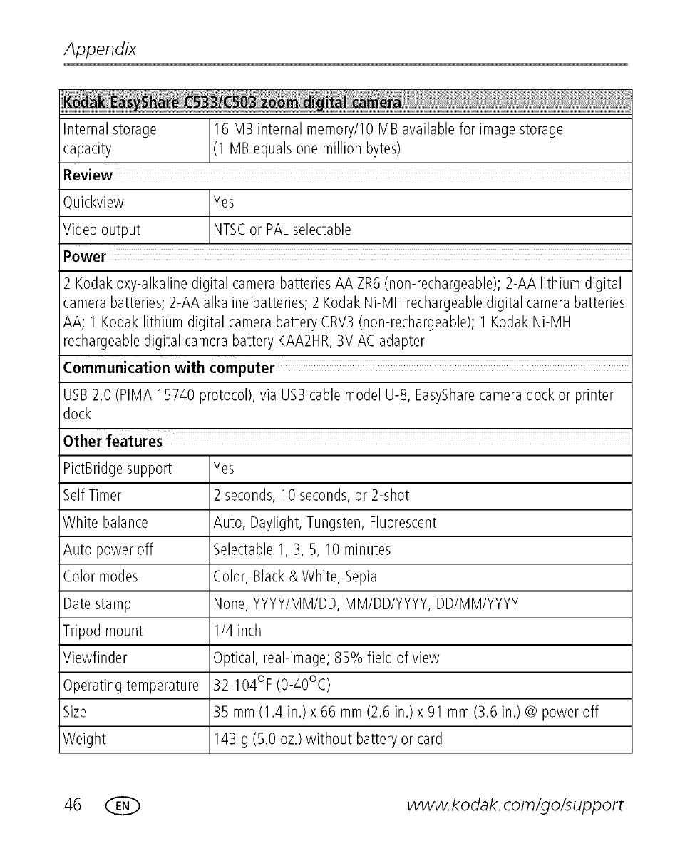 Appendix | Kodak EASYSHARE C 503 User Manual | Page 51 / 67