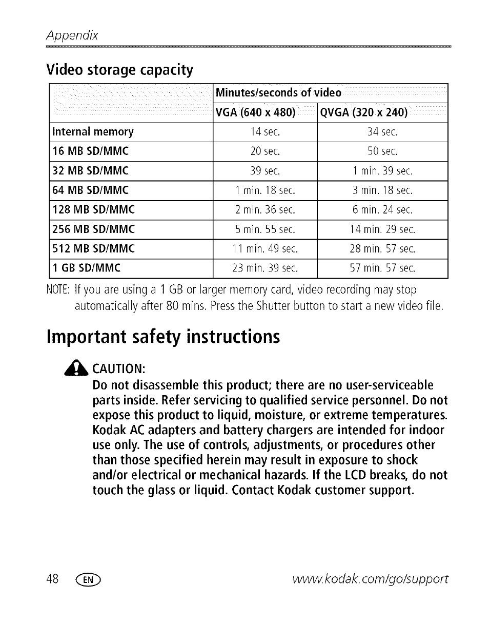 Video storage capacity, Important safety instructions, Appendix | Kodak EASYSHARE C 503 User Manual | Page 53 / 67