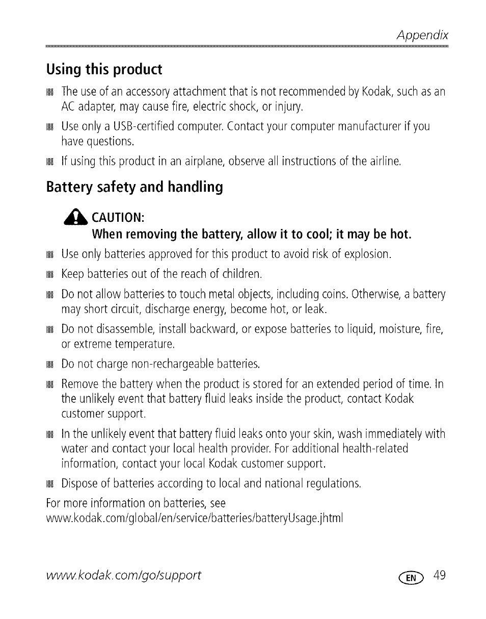 Using this product, Battery safety and handling, Appendix | Kodak EASYSHARE C 503 User Manual | Page 54 / 67