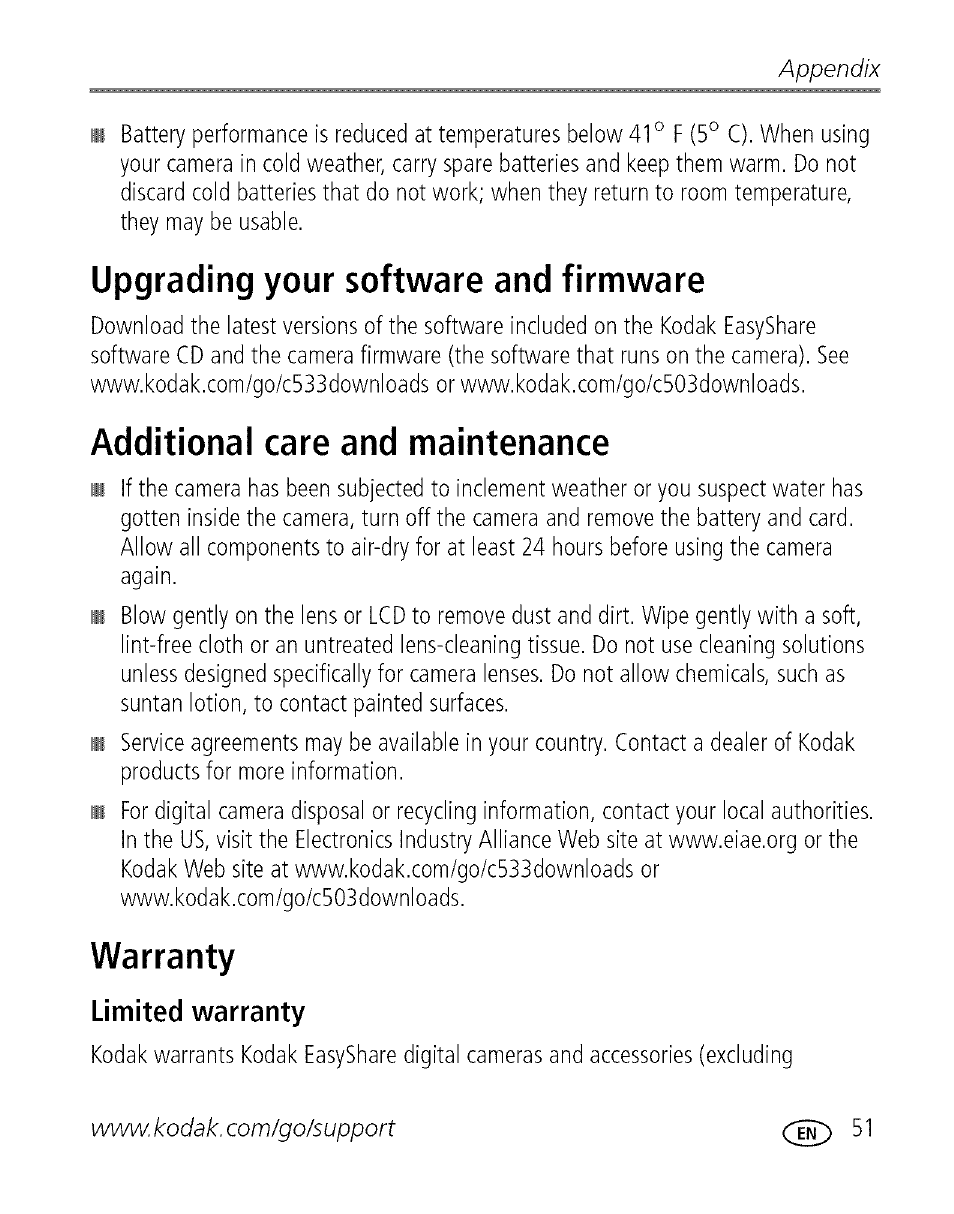 Upgrading your software and firmware, Additional care and maintenance, Warranty | Limited warranty, Additional care and maintenance warranty, Appendix | Kodak EASYSHARE C 503 User Manual | Page 56 / 67