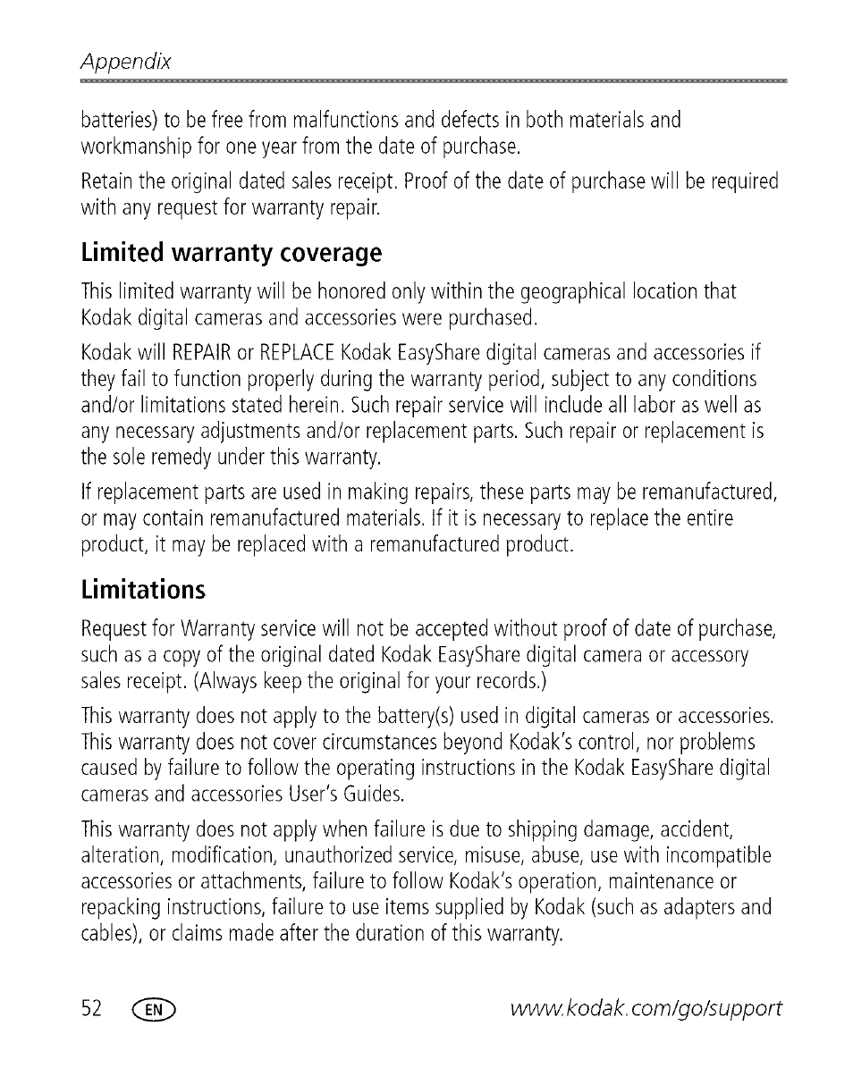 Limited warranty coverage, Limitations, Appendix | Kodak EASYSHARE C 503 User Manual | Page 57 / 67