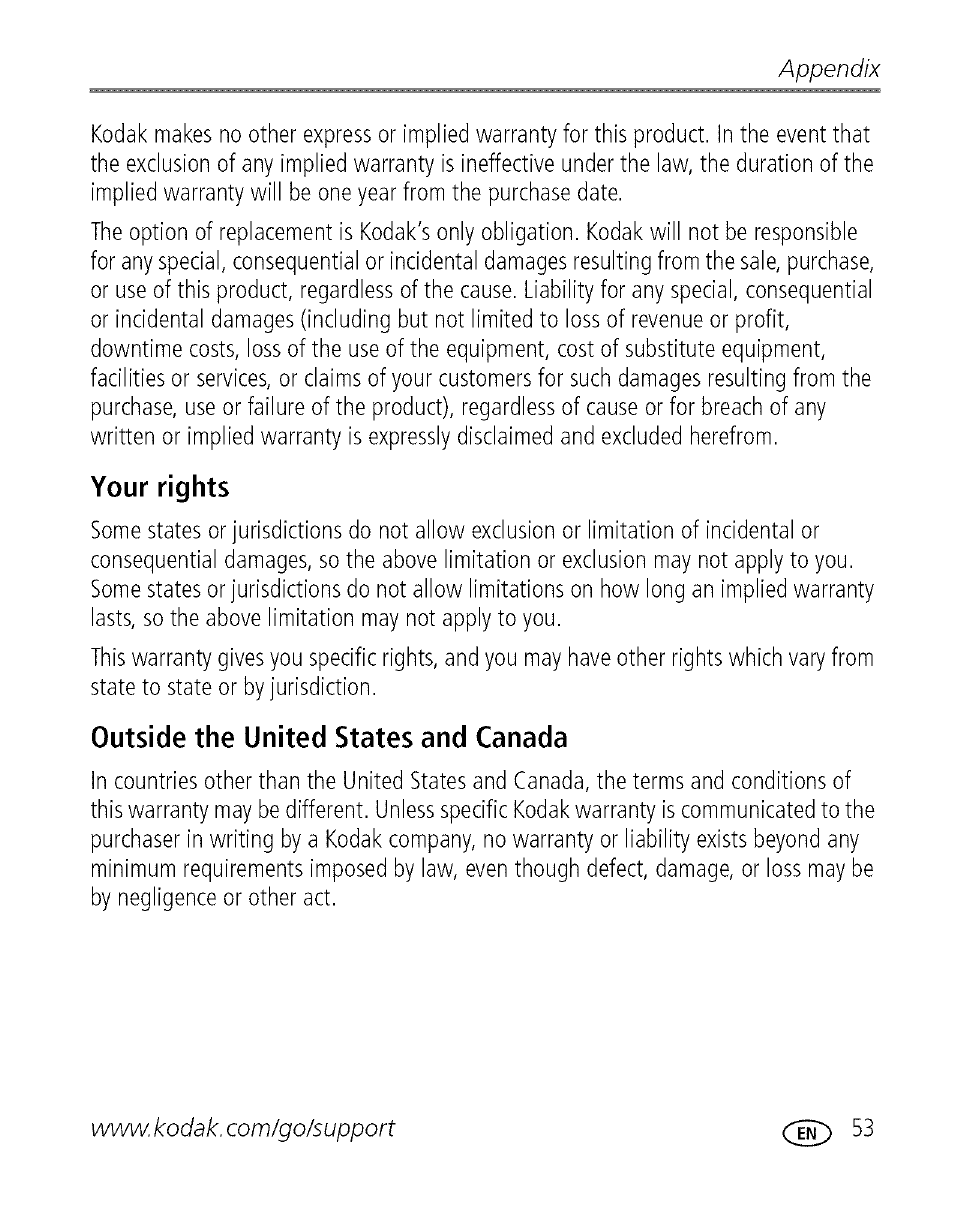 Your rights, Outside the united states and canada, Appendix | Kodak EASYSHARE C 503 User Manual | Page 58 / 67