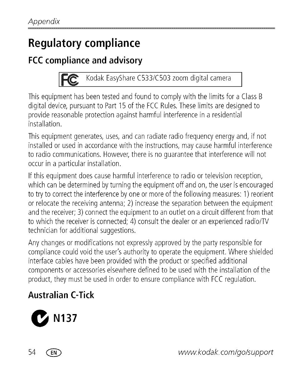 Regulatory compliance, Fcc compliance and advisory, Australian c-tick | 0f n137, Appendix | Kodak EASYSHARE C 503 User Manual | Page 59 / 67