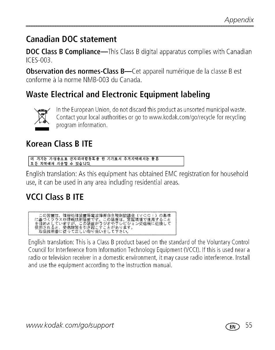 Canadian doc statement, Waste electrical and electronic equipment labeling, Korean class b ite | Vcci class b ite, Appendix | Kodak EASYSHARE C 503 User Manual | Page 60 / 67