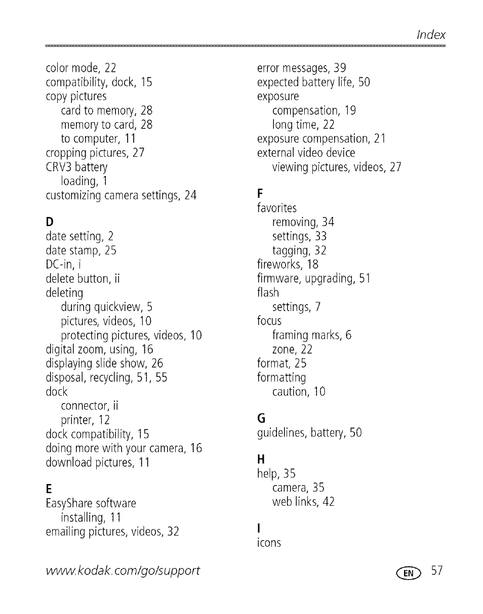 Index | Kodak EASYSHARE C 503 User Manual | Page 62 / 67