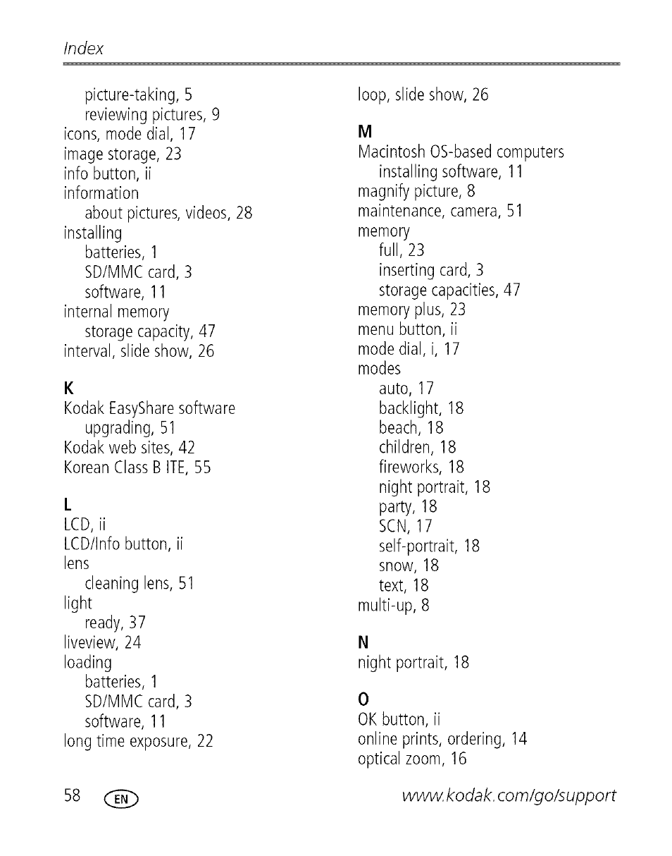 Index | Kodak EASYSHARE C 503 User Manual | Page 63 / 67