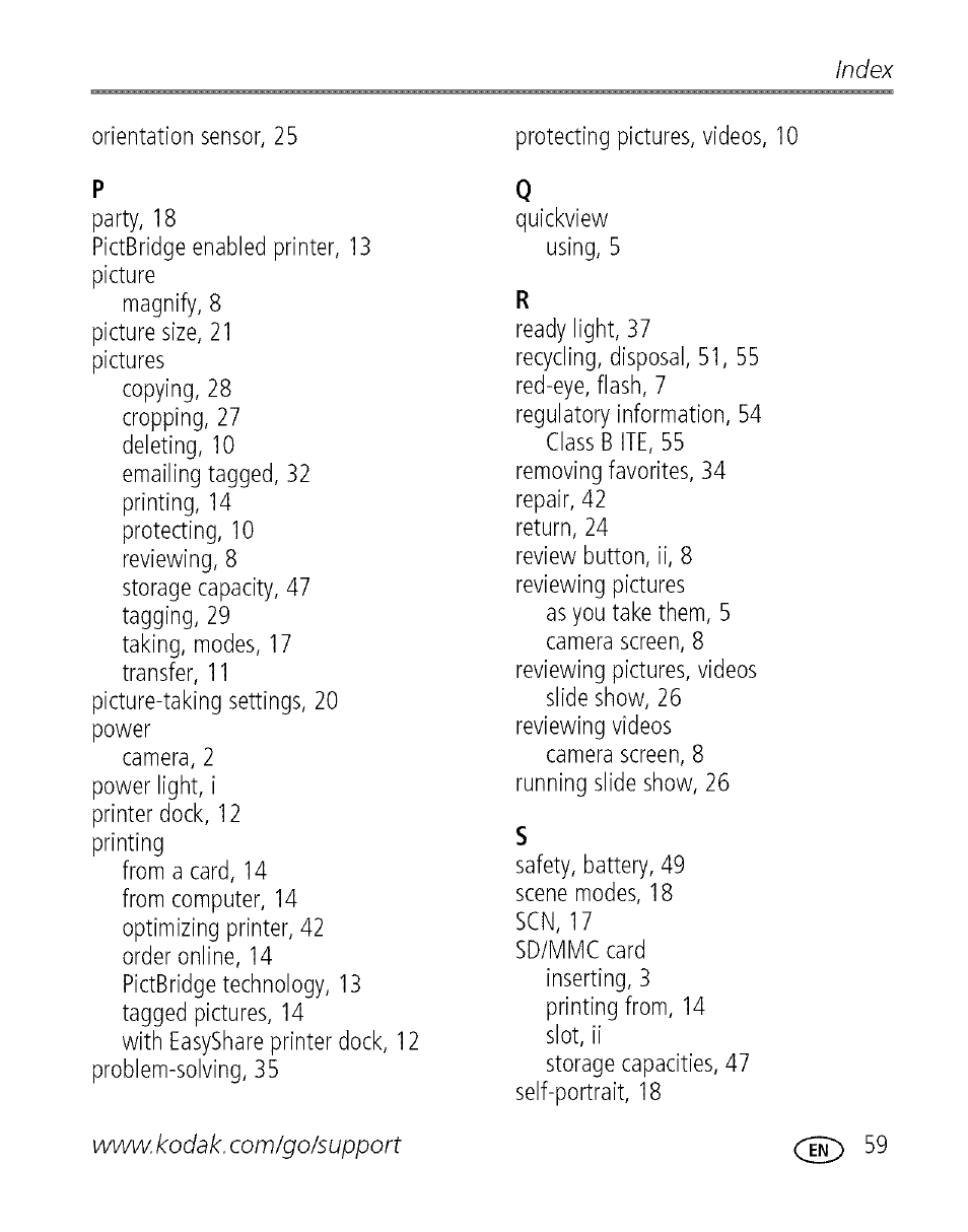Index | Kodak EASYSHARE C 503 User Manual | Page 64 / 67