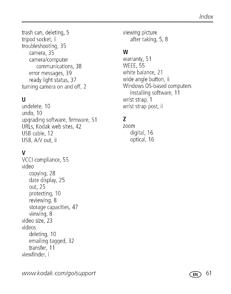 Index | Kodak EASYSHARE C 503 User Manual | Page 66 / 67