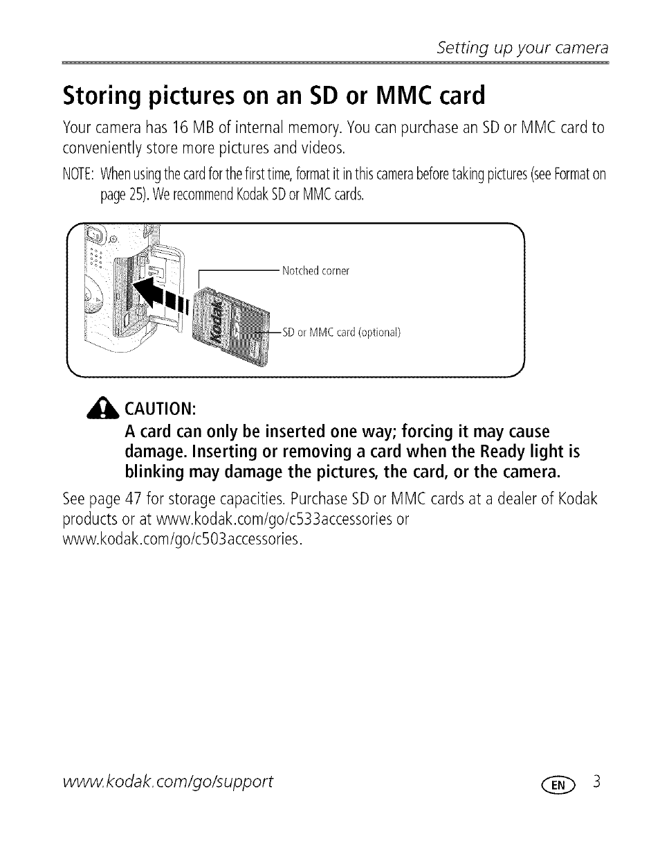 Storing pictures on an sd or mmc card, Setting up your camera | Kodak EASYSHARE C 503 User Manual | Page 8 / 67
