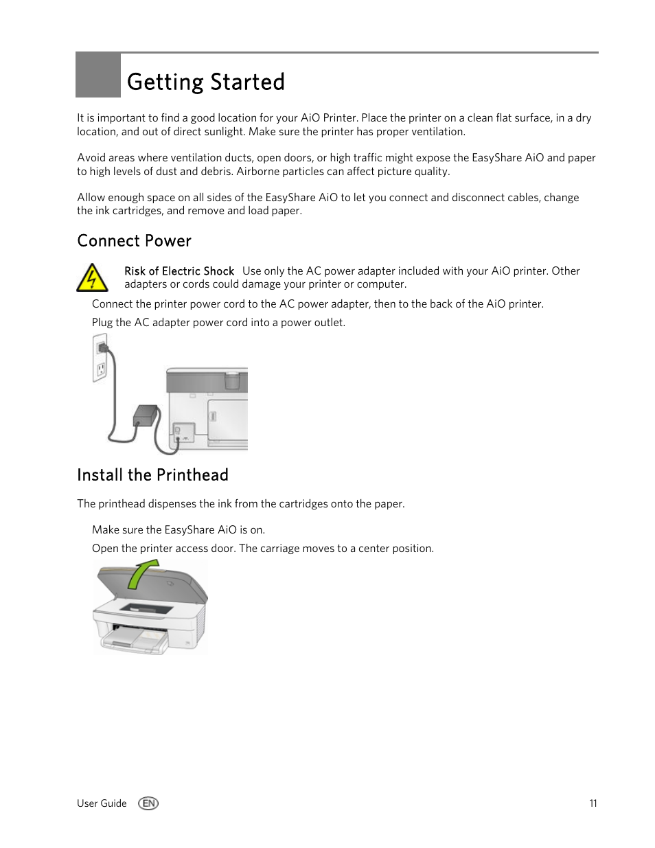 Getting started, Connect power, Install the printhead | Kodak EasyShare 5100 User Manual | Page 15 / 86