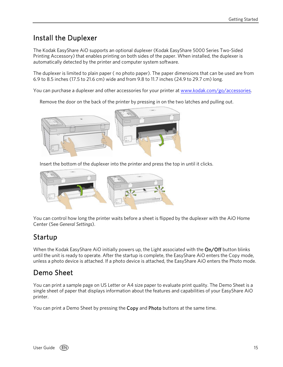 Install the duplexer, Startup, Demo sheet | Kodak EasyShare 5100 User Manual | Page 19 / 86