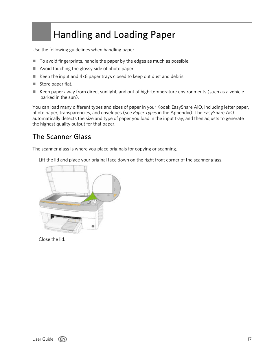 Handling and loading paper, The scanner glass | Kodak EasyShare 5100 User Manual | Page 21 / 86