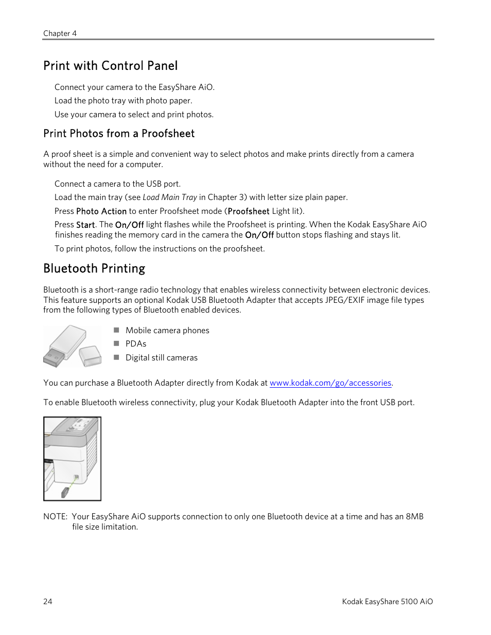 Print with control panel, Print photos from a proofsheet, Bluetooth printing | Kodak EasyShare 5100 User Manual | Page 28 / 86