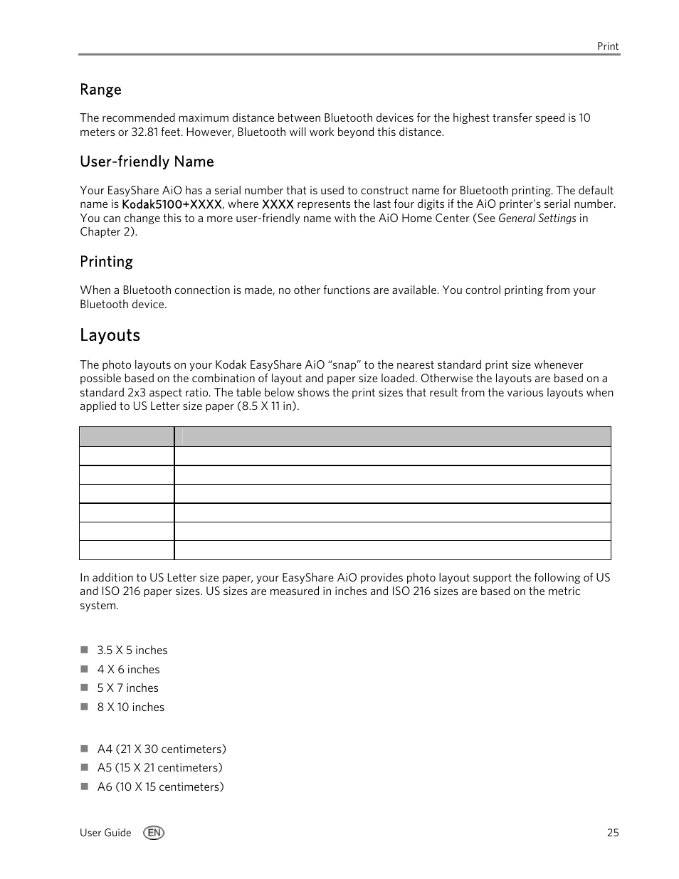 Range, User-friendly name, Printing | Layouts | Kodak EasyShare 5100 User Manual | Page 29 / 86