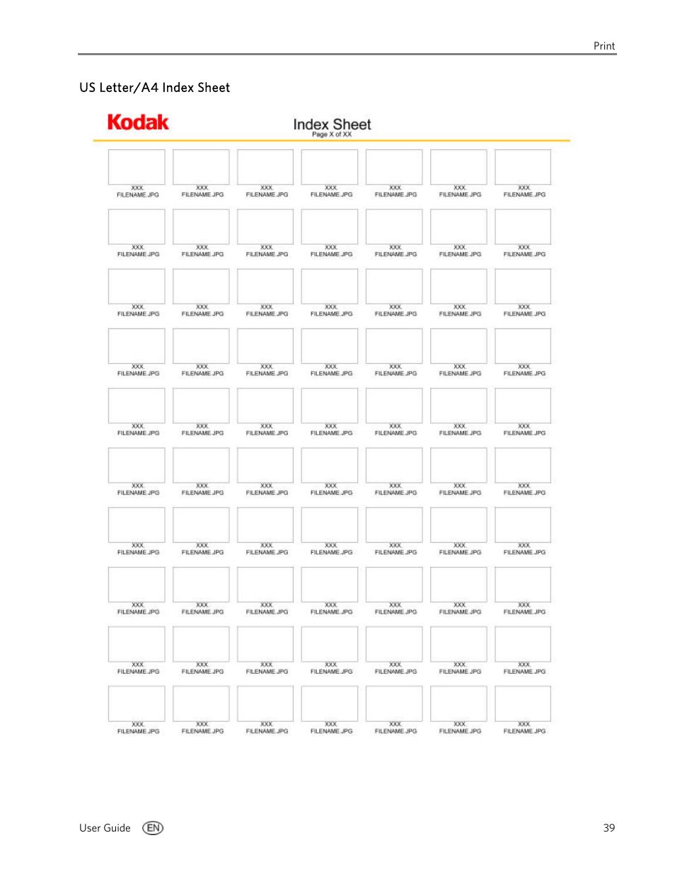 Us letter/a4 index sheet | Kodak EasyShare 5100 User Manual | Page 43 / 86