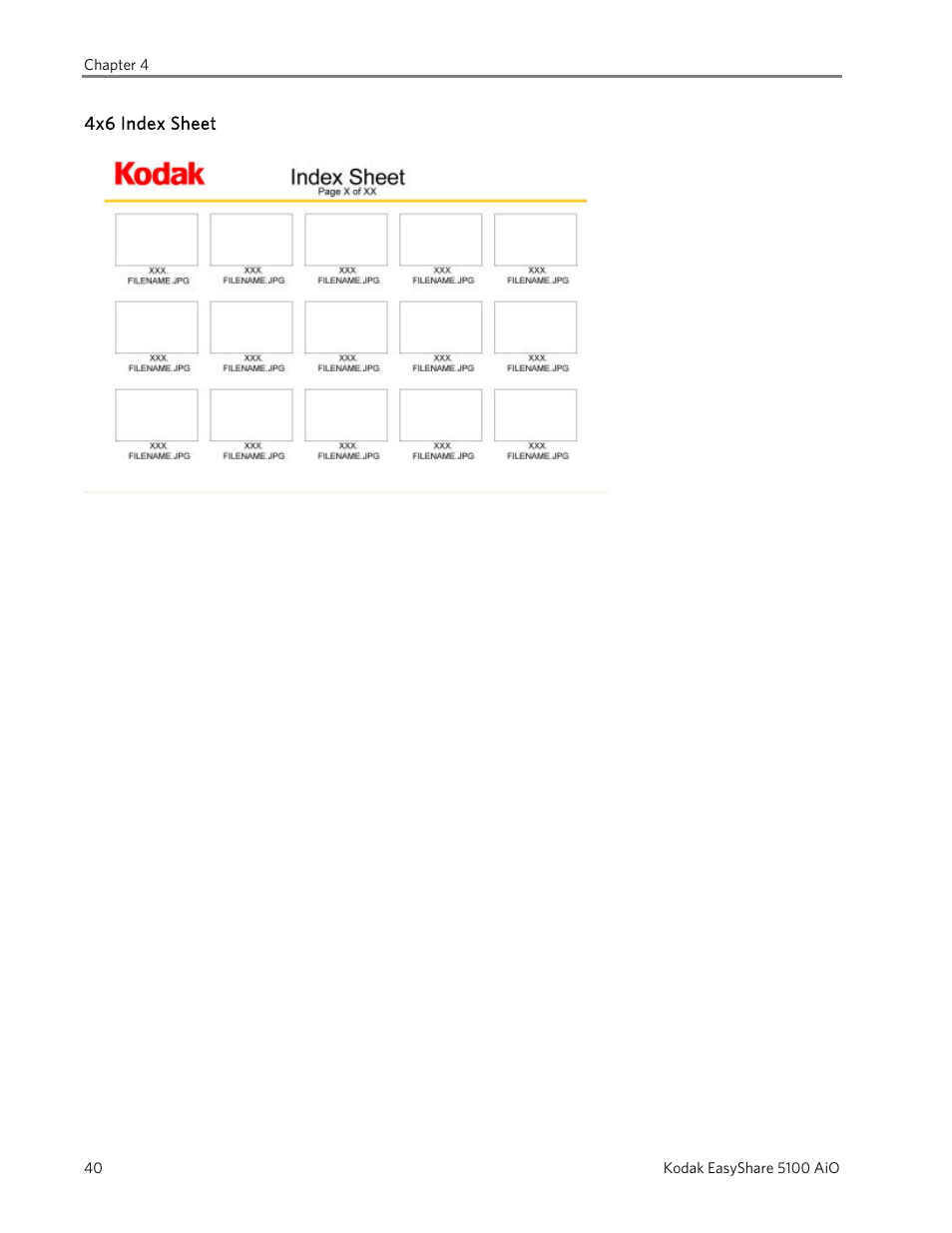 4x6 index sheet | Kodak EasyShare 5100 User Manual | Page 44 / 86