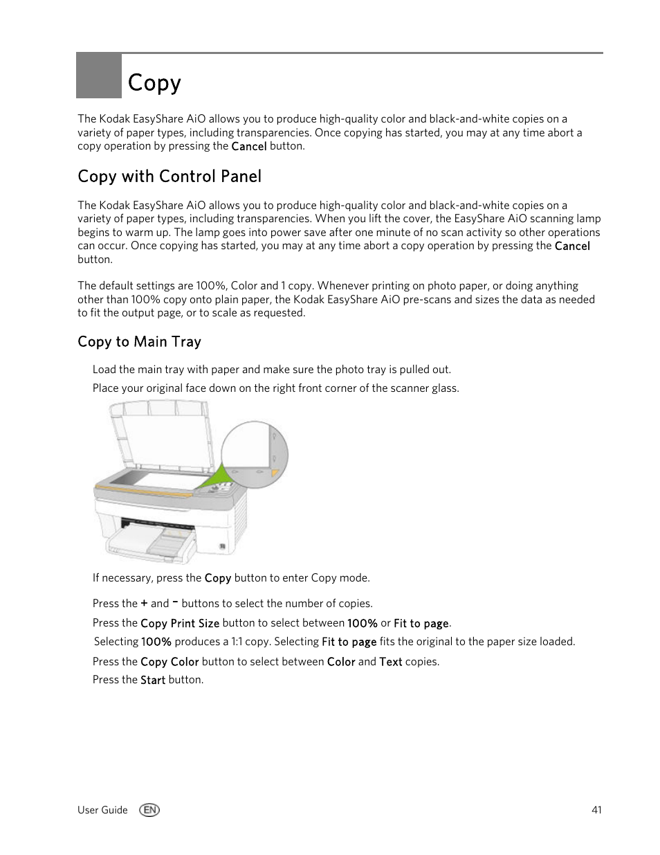 Copy, Copy with control panel, Copy to main tray | Kodak EasyShare 5100 User Manual | Page 45 / 86