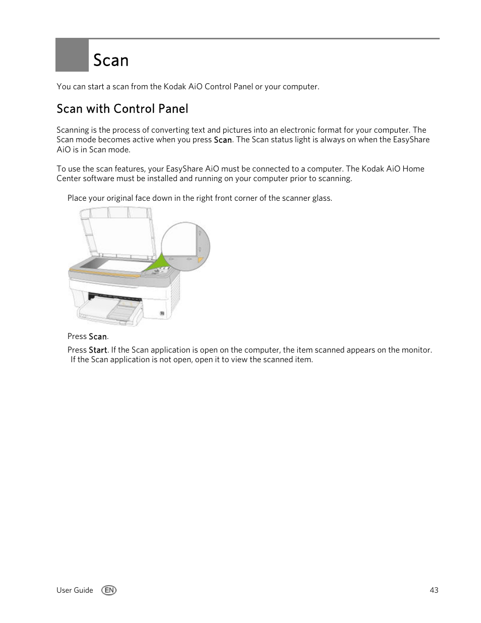 Scan, Scan with control panel | Kodak EasyShare 5100 User Manual | Page 47 / 86