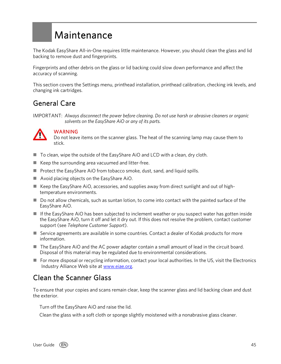 Maintenance, General care, Clean the scanner glass | Kodak EasyShare 5100 User Manual | Page 49 / 86