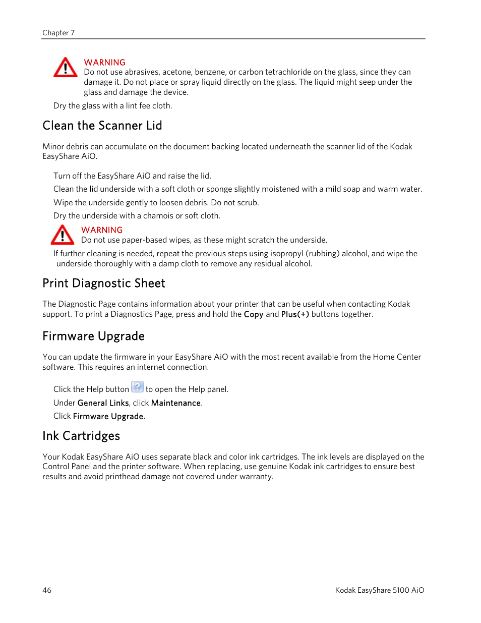 Clean the scanner lid, Print diagnostic sheet, Firmware upgrade | Ink cartridges | Kodak EasyShare 5100 User Manual | Page 50 / 86