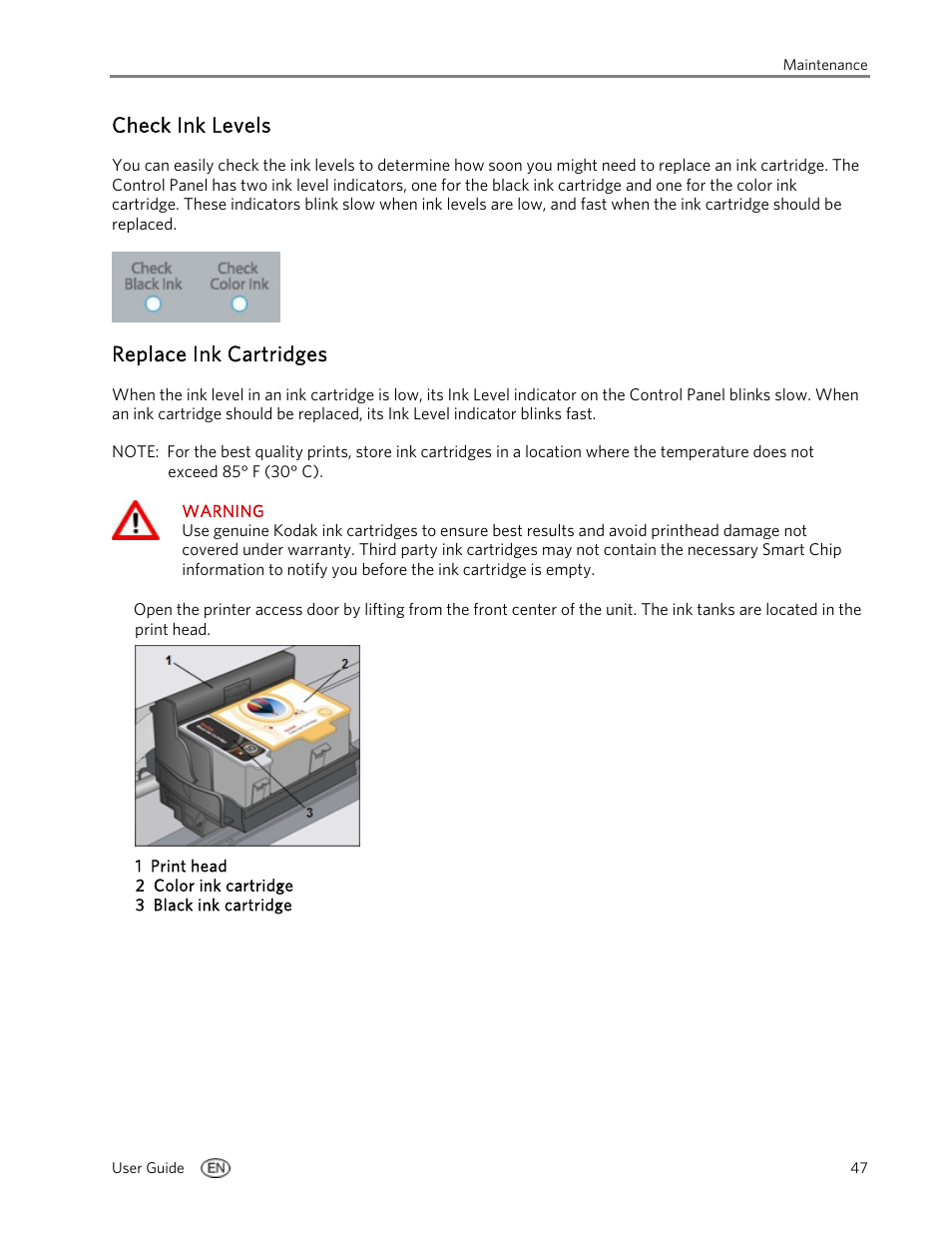 Check ink levels, Replace ink cartridges | Kodak EasyShare 5100 User Manual | Page 51 / 86