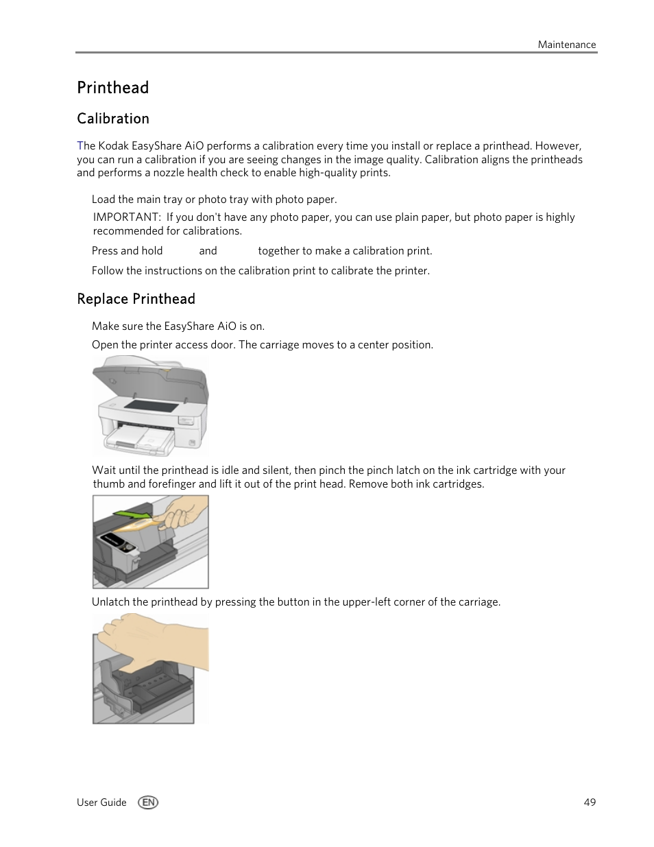 Printhead, Calibration, Replace printhead | Kodak EasyShare 5100 User Manual | Page 53 / 86