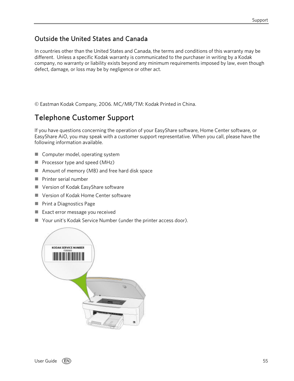 Outside the united states and canada, Telephone customer support | Kodak EasyShare 5100 User Manual | Page 59 / 86