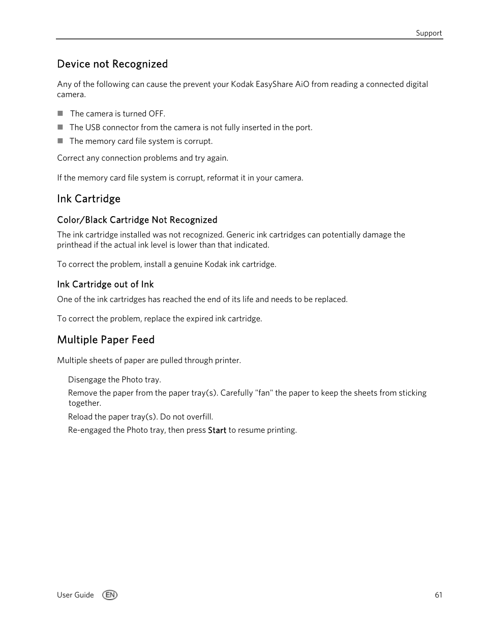 Device not recognized, Ink cartridge, Color/black cartridge not recognized | Ink cartridge out of ink, Multiple paper feed | Kodak EasyShare 5100 User Manual | Page 65 / 86