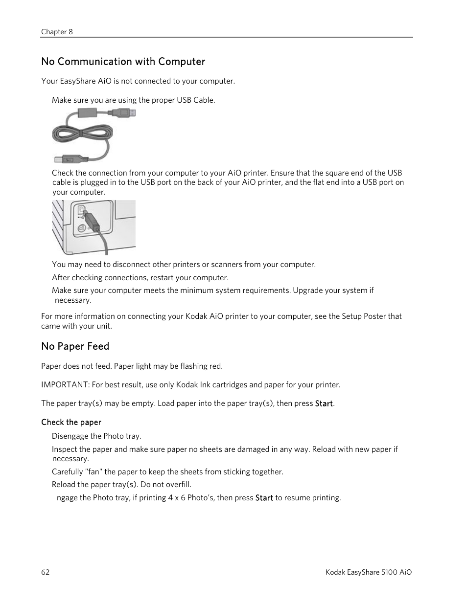No communication with computer, No paper feed | Kodak EasyShare 5100 User Manual | Page 66 / 86