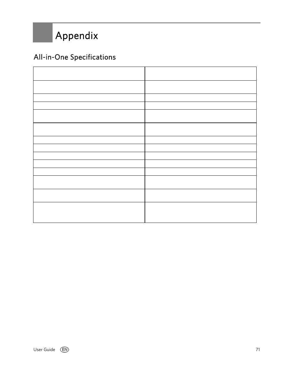 Appendix, All-in-one specifications | Kodak EasyShare 5100 User Manual | Page 75 / 86