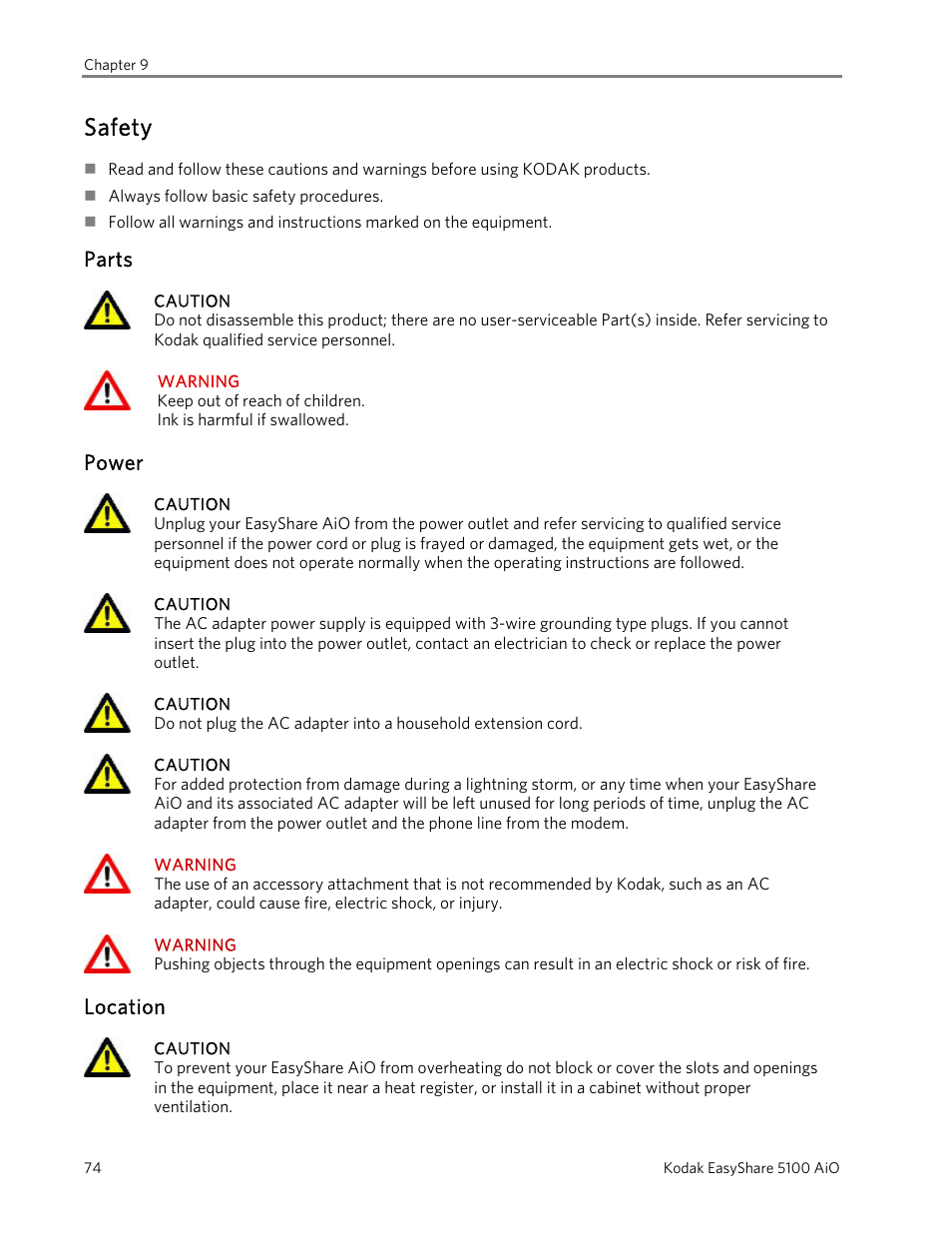 Safety, Parts, Power | Location | Kodak EasyShare 5100 User Manual | Page 78 / 86