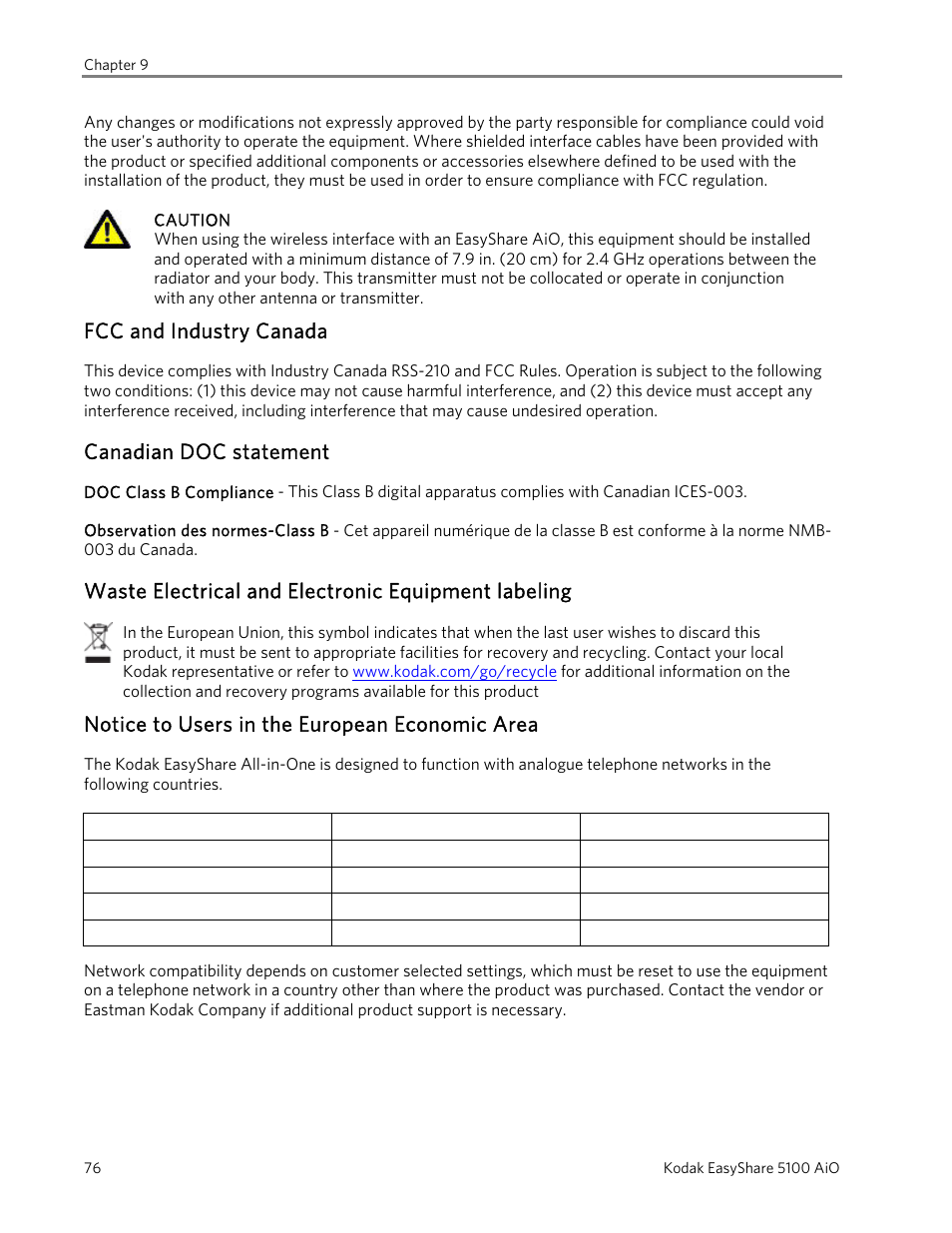 Fcc and industry canada, Canadian doc statement, Waste electrical and electronic equipment labeling | Notice to users in the european economic area | Kodak EasyShare 5100 User Manual | Page 80 / 86