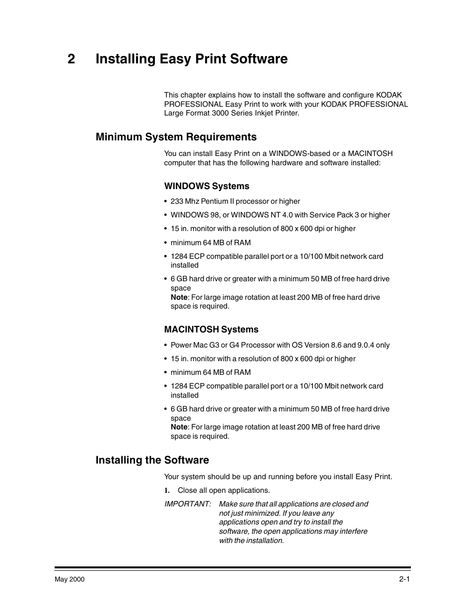 2 installing easy print software, Minimum system requirements, Windows systems | Macintosh systems, Installing the software, Minimum system requirements -1, Windows systems -1, Macintosh systems -1, Installing the software -1, 2installing easy print software | Kodak 3000 User Manual | Page 11 / 36