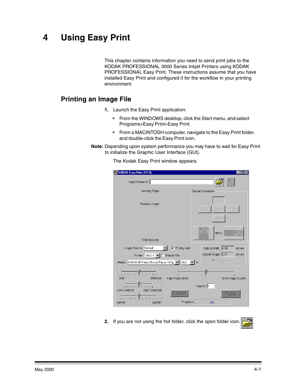 4 using easy print, Printing an image file, Printing an image file -1 | 4using easy print | Kodak 3000 User Manual | Page 25 / 36