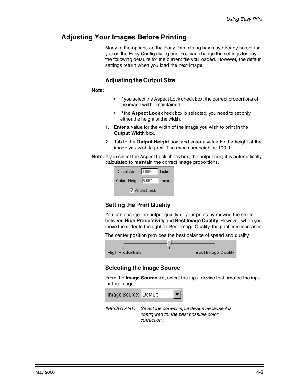 Adjusting your images before printing, Adjusting the output size, Setting the print quality | Selecting the image source, Adjusting your images before printing -3, Adjusting the output size -3, Setting the print quality -3, Selecting the image source -3 | Kodak 3000 User Manual | Page 27 / 36